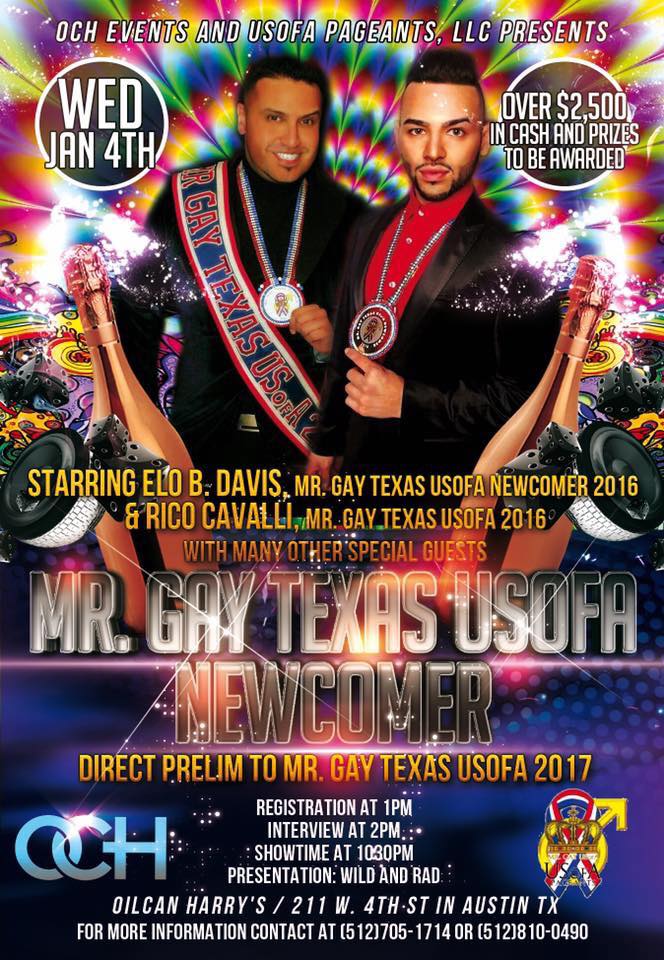Show Ad | Mr. Gay Texas USofA Newcomer | Oil Can Harry's (Austin, Texas) | 1/4/2017 