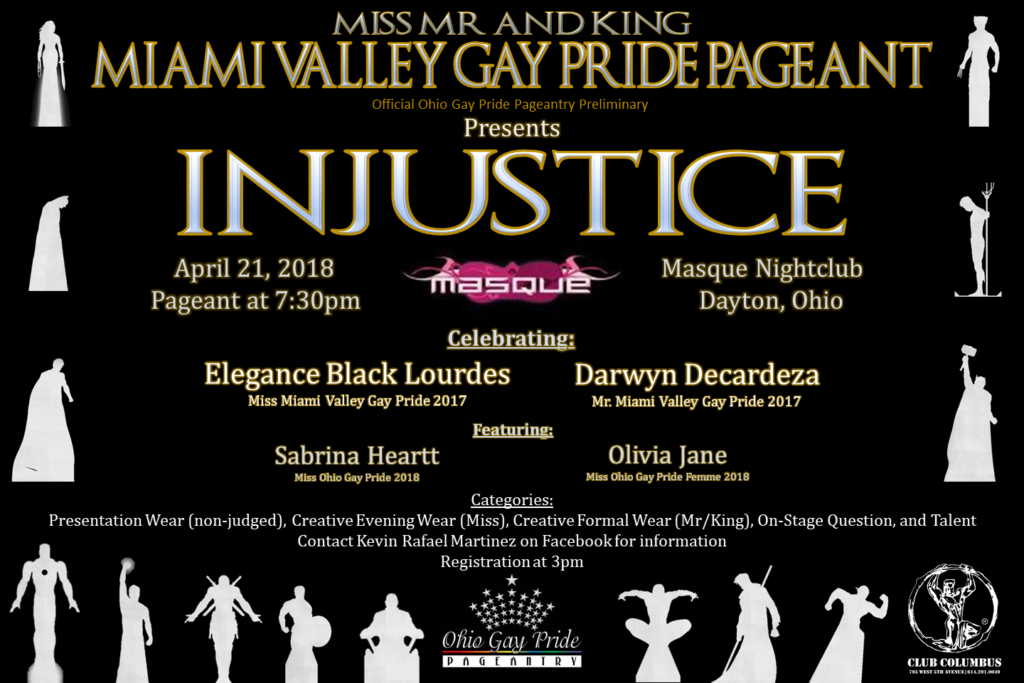Show Ad | Miss Miami Valley Gay Pride, Mr. Miami Valley Gay Pride and Mr. Miami Valley Gay Pride King | Masque (Dayton, Ohio) | 4/21/2018