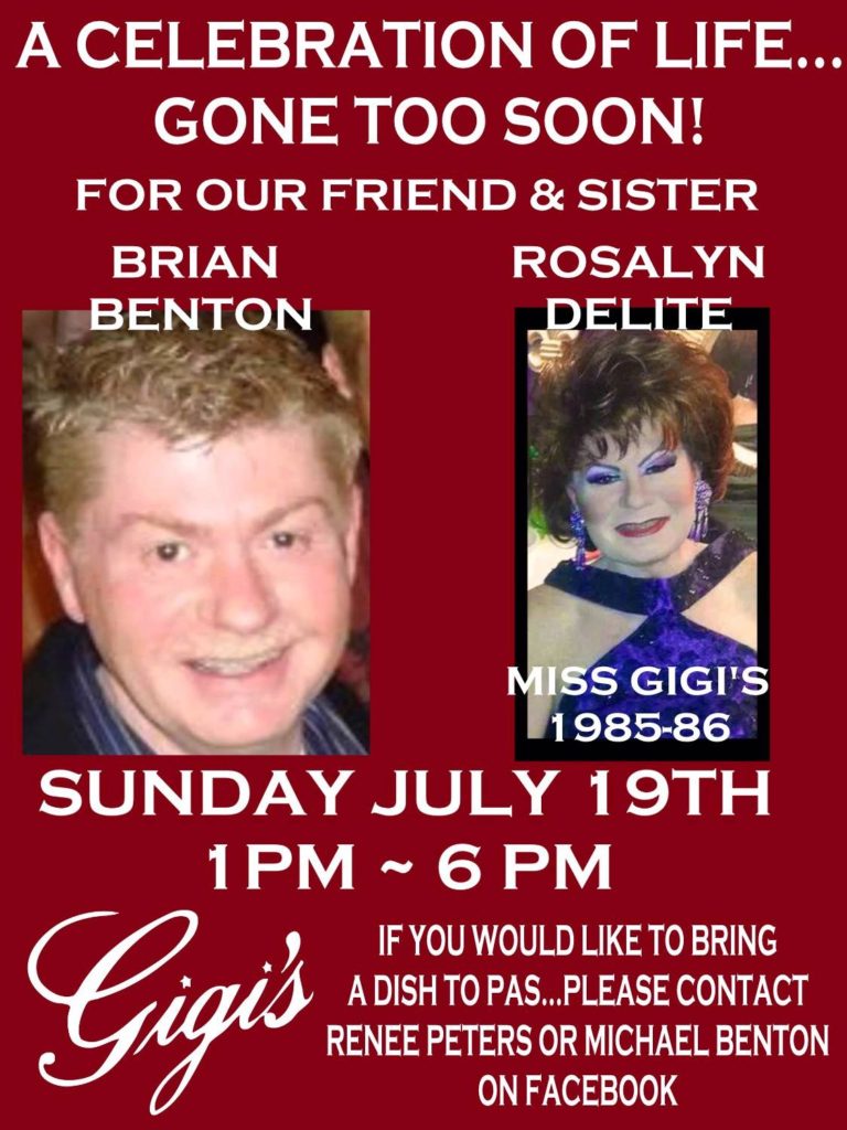 Ad | Celebration of Life for Brian Benton/Rosalyn Delite | Gigi's (Detroit, Michigan) | 7/19/2015