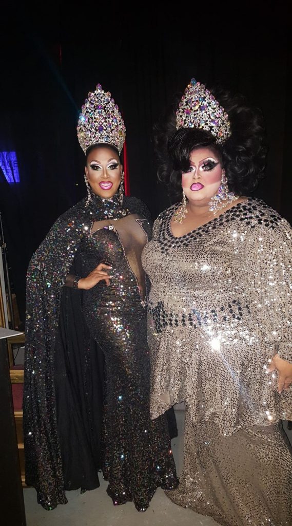 Alexis Mateo and Kristina Kelly at the Star City All American Goddess and at Large prelim in Roanoke, Virginia. January 2017.