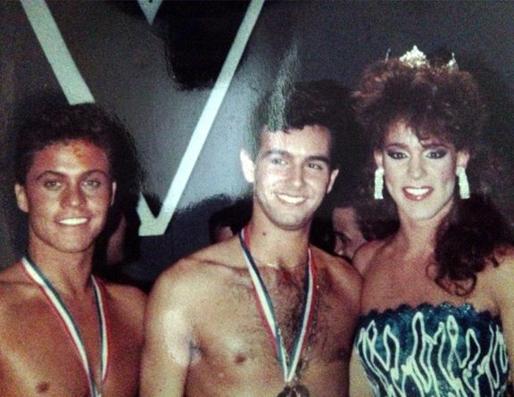 Arkansas' own Miss Gay America 1988 Cherry Lane and Mr. Gay All-American 1988 Brad Bemis congratulate the newly-named Mr. Gay All-American 1989, Patrick Boyd. (Photo courtesy of Cherry Lane.)