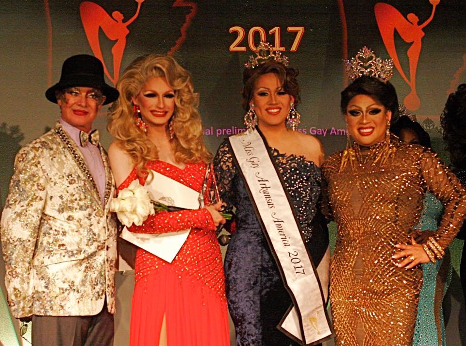 Norma Kristie (Miss Gay America 1972), Roxie Starrlite (1st Alternate to Miss Gay Arkansas America 2017), Cassandra Rae Reality (Miss Gay Arkansas America 2017) and Suzy Wong (Miss Gay America 2017) at the Miss Gay Arkansas America pageant at Discovery Nightclub in Little Rock, Arkansas on the night of August 12th, 2017.