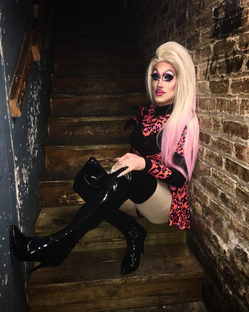 Soy Queen on the iconic drag matinee stairs at Berlin Nightclub in Chicago, Illinois. Soy was featured in the Saturday February 17, 2018 show.