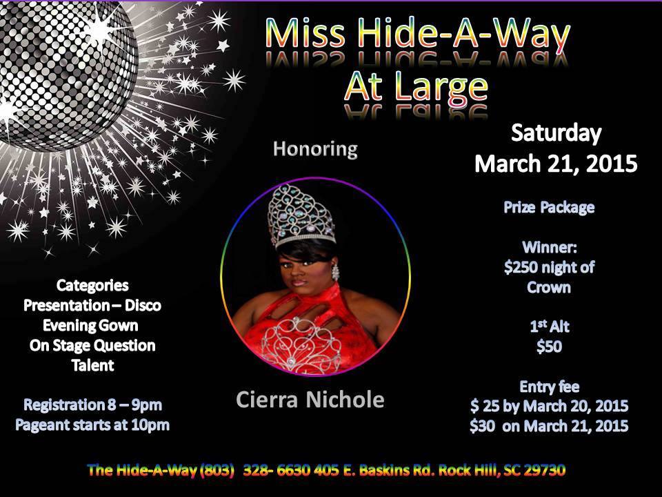 Show Ad | Miss Hide-A-Way at Large | The Hideaway (Rock Hill, South Carolina) | 3/21/2015