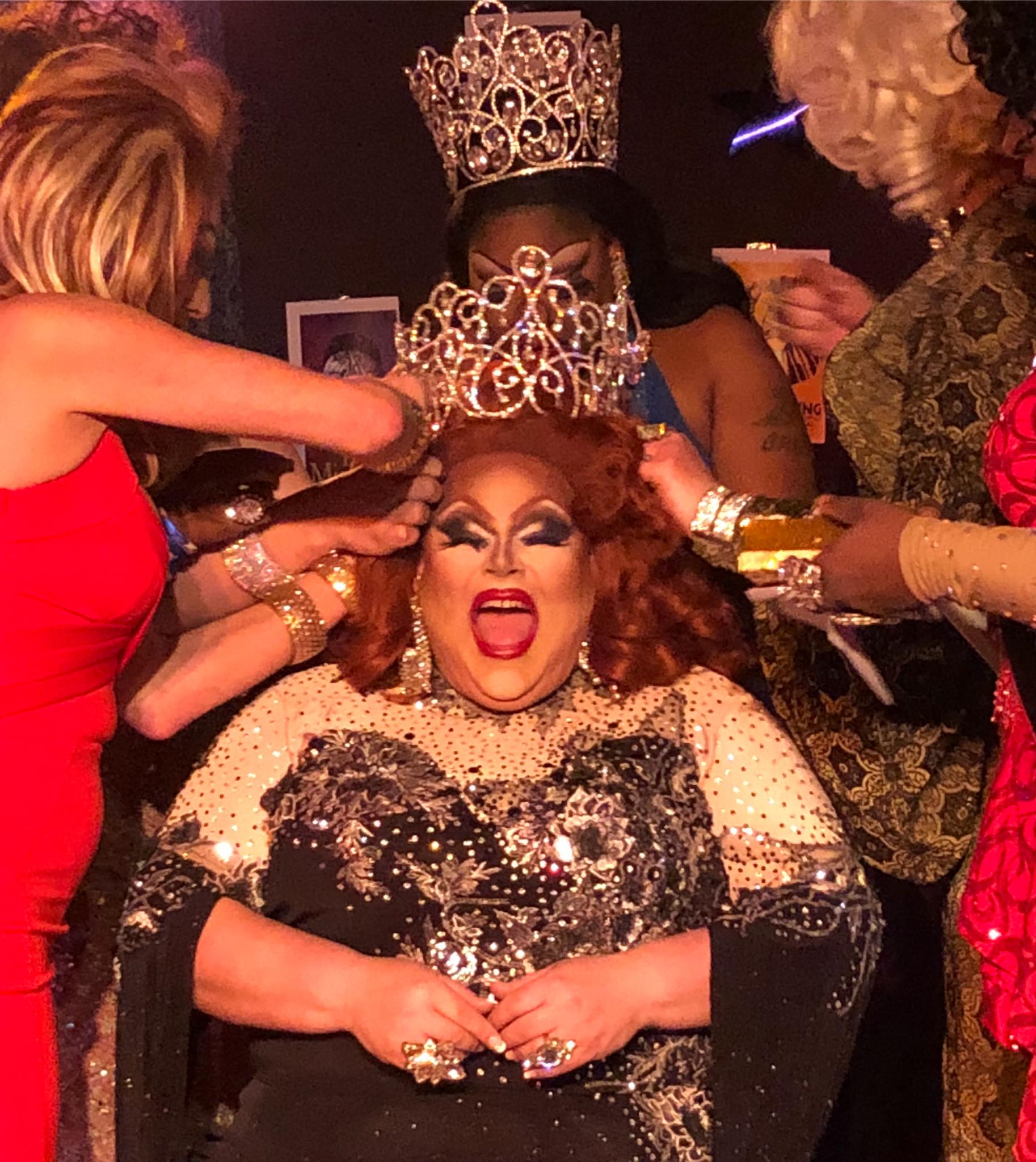 Buff Faye being crowned Miss Hide-A-Way at Large 2018 at the Hideaway in Rock Hill, South Carolina on the night of March 3rd, 2018.