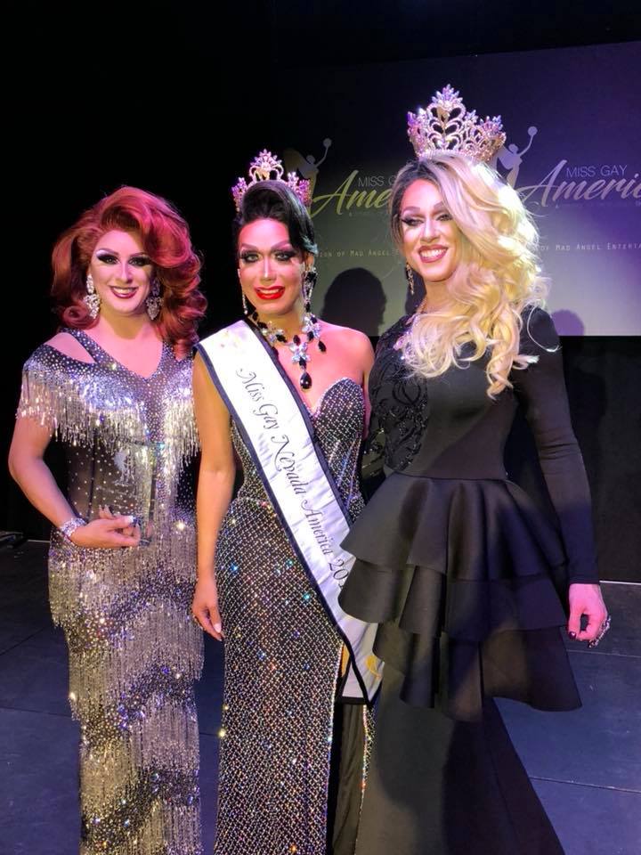 Savannah Stevens (1st Alternate to Miss Gay Nevada America 2018), Sofia Anderson (Miss Gay Nevada America 2018) with Deva Station (Miss Gay America 2018) at the inaugural Miss Gay Nevada America pageant on Friday, April 27th, 2018 held at the Space LV on 3460 Cavaretta Court in Las Vegas, Nevada.