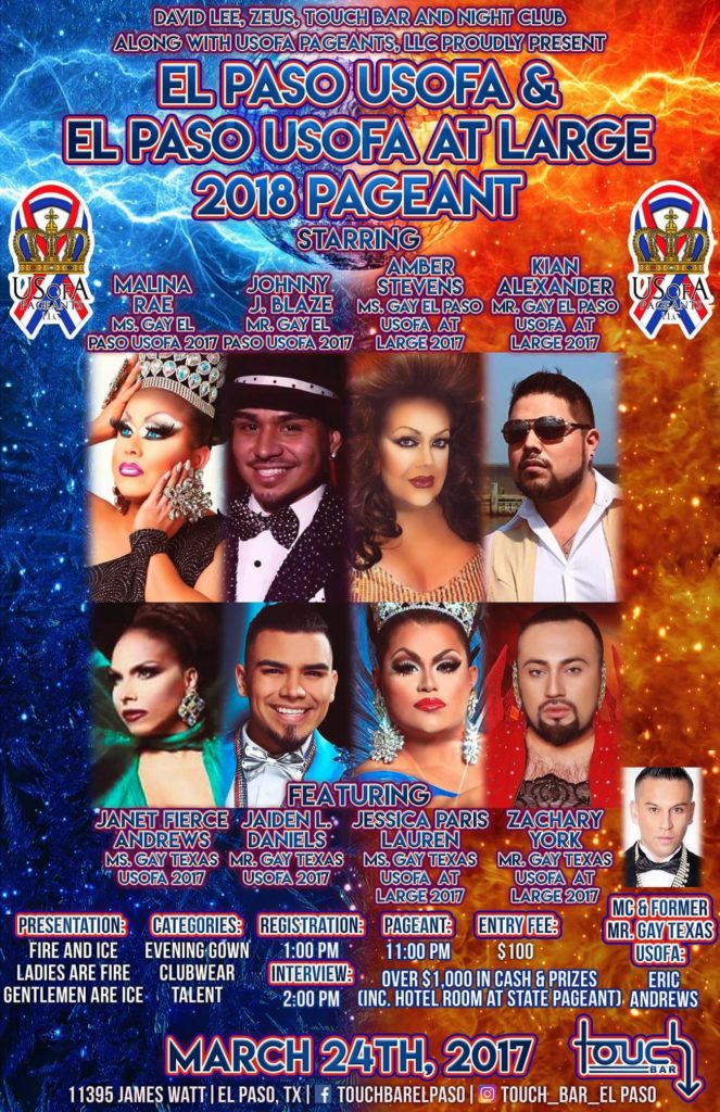 Show Ad | El Paso USofA and El Paso USofA at Large Pageants | Touch Bar (El Paso, Texas) | 3/24/2018 [NOTE: Poster printed with incorrect year]
