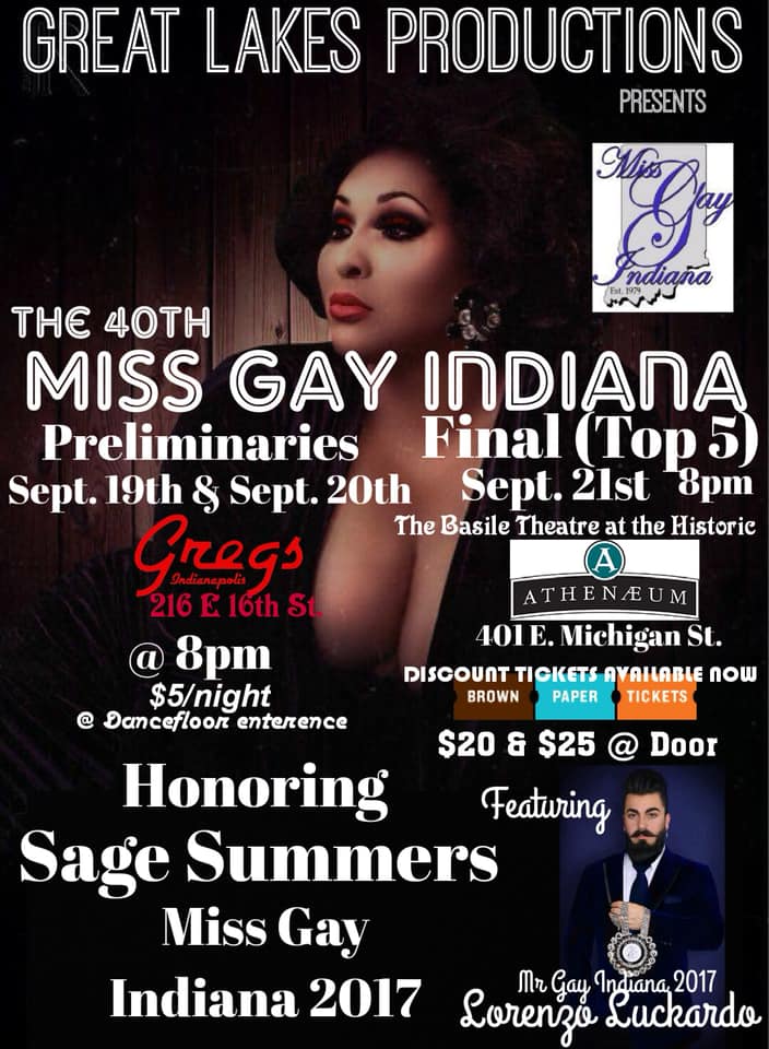 Ad | Miss Gay Indiana | Gregs and the Basile Theatre at the Historic Atheneaum (Indianapolis, Indiana) | 9/19-9/21/2018