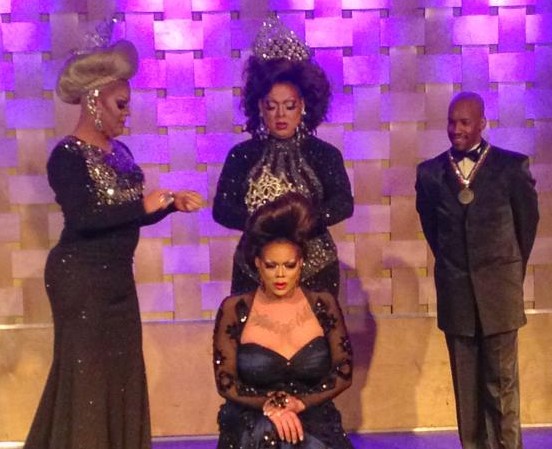 Ginger Ale being crowned by Brooklyn Starr. Back left is Chelsea Nicole Parker and back right is Antonio Edwards. | Heart of Ohio All American Goddess, Heart of Ohio All American Goddess at Large and Heart of Ohio All American Gent | Axis Nightclub (Columbus, Ohio) | 8/10/2014 CROPPED
