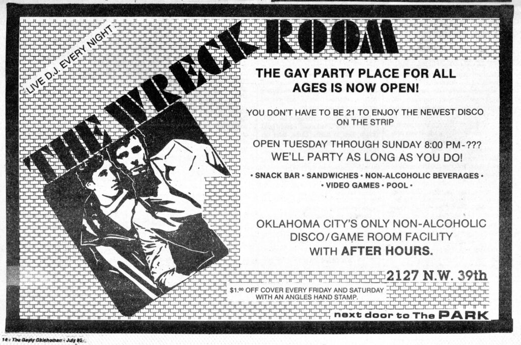 Ad | The Wreck Room (Oklahoma City, Oklahoma) | The Gayly Oklahoman, July 1985