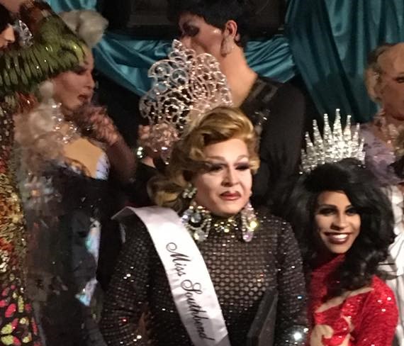 Joey Wynters is crowned Miss Southbend Classic 2019 as Sabrina Caprice Heartt offers her knee. Coco Kane and Jennifer Lynn Ali are behind. | Miss Southbend Classic | Southbend Tavern (Columbus, Ohio) | 2/24/2019 CROPPED