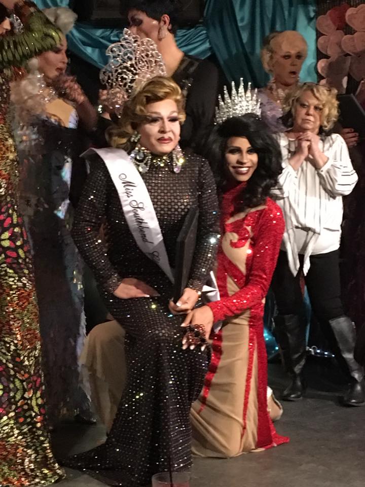 Joey Wynters is crowned Miss Southbend Classic 2019 as Sabrina Caprice Heartt offers her knee. Coco Kane and Jennifer Lynn Ali are behind. | Miss Southbend Classic | Southbend Tavern (Columbus, Ohio) | 2/24/2019