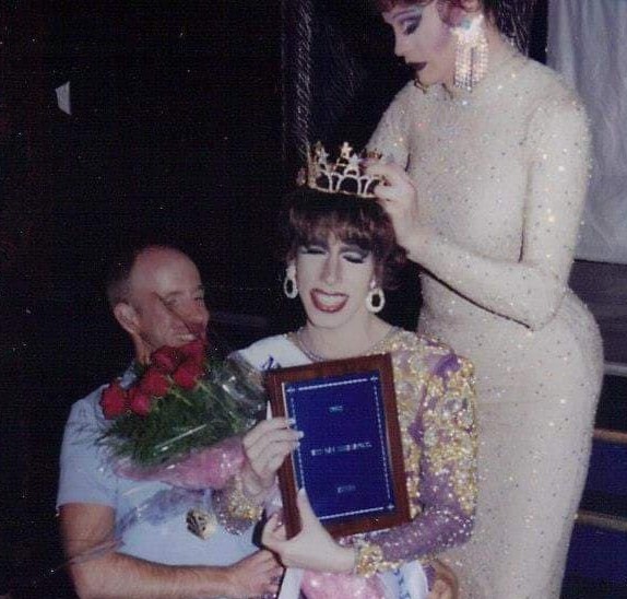 Tonya Bear Rogers (seated on the knee of Kole Michaels) being crowned Miss Gay Indianapolis America by Asia LaBouche | Miss Gay Indianapolis America | Club Cabaret (Indianapolis, Indiana) | 4/19/2002 CROPPED