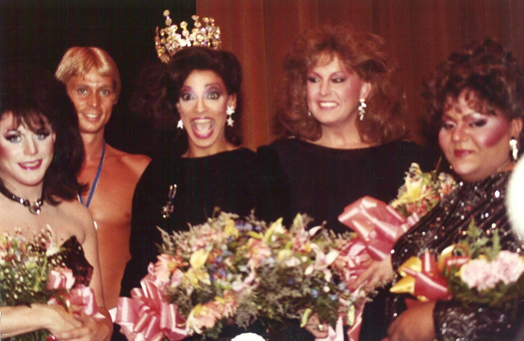 Melinda Ryder, Keith Mitchell, Naomi Sims, Fritz Capone and Donna Day shortly after Naomi's crowning as the new Miss Gay America 1985.