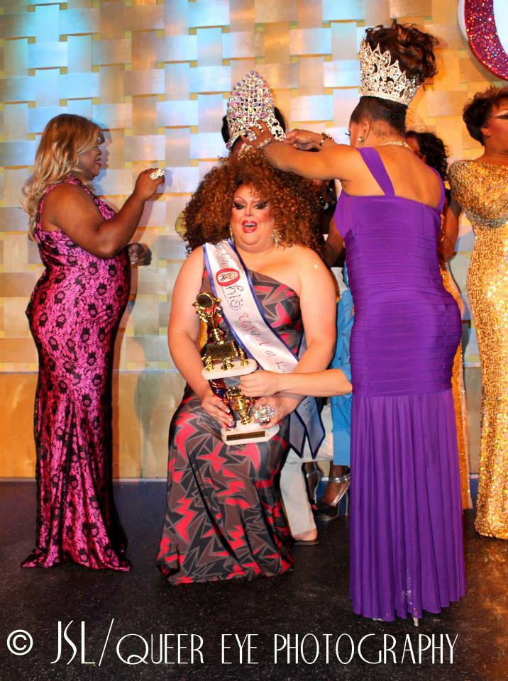 Beth Amphetamine is being crowned Miss Gay Ohio USofA at Large by Maria Garrison (hidden behind the crown) with an assist by Dorae Saunders (Miss Gay USofA at Large).  Daray Lorez is far left. | Miss Gay Ohio USofA at Large | Axis Nightclub (Columbus, Ohio) | 8/4/2013 [Photo by Queer Eye Photography]