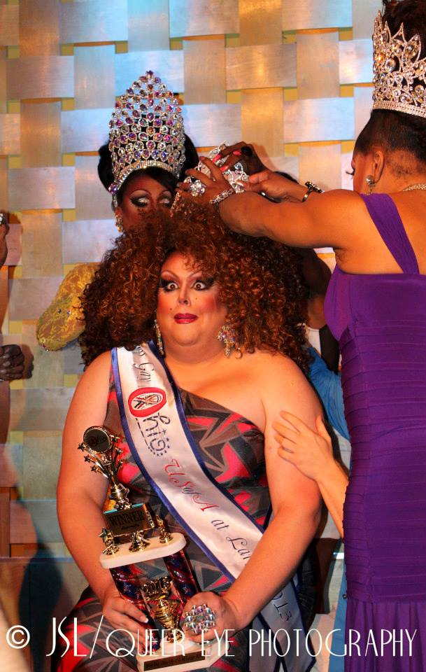 Beth Amphetamine is being crowned Miss Gay Ohio USofA at Large by Maria Garrison (back) and Dorae Saunders (right). | Miss Gay Ohio USofA at Large | Axis Nightclub (Columbus, Ohio) | 8/4/2013 [Photo by Queer Eye Photography]