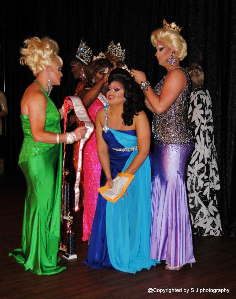 Andrea Carlisle crowning Ariel Nicole Knight Addams Miss Gay Capital City America with an assist from Macy Alexander (left) and Jessica Raynes Starr (right) | Miss Gay Capital City America | 313 Nightclub (Raleigh, North Carolina) | 6/24/2012
