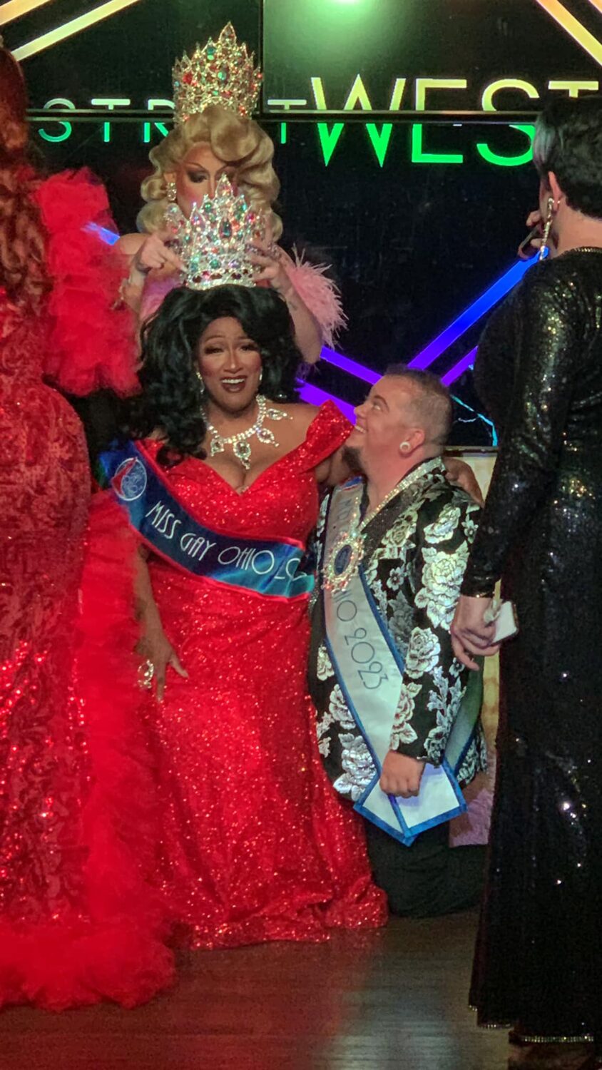 Soy Queen crowning Gaia Naturi as the new Miss Gay Ohio while Lukas Lane (the new Mr. Gay Ohio) lends a knee. | Mr. and Miss Gay Ohio | District West (Columbus, Ohio) | 9/17-9/18/2022