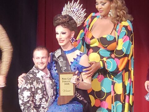 Sage Summers crowning Kassia Brookes the new Miss Gay Indiana 2018 as she was seated on the knee of Mr. Gay Indiana, Lil D'Licious. | Miss Gay Indiana Pageant | the Athenaeum Foundation (Indianapolis, Indiana) | 9/21/2018